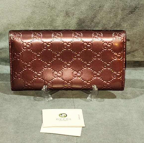GUCCI SHINE GUCCISSIMA LOVELY HEART PLUM PATENT LEATHER CONTINENTAL LONG WALLET - Picture 9 of 17